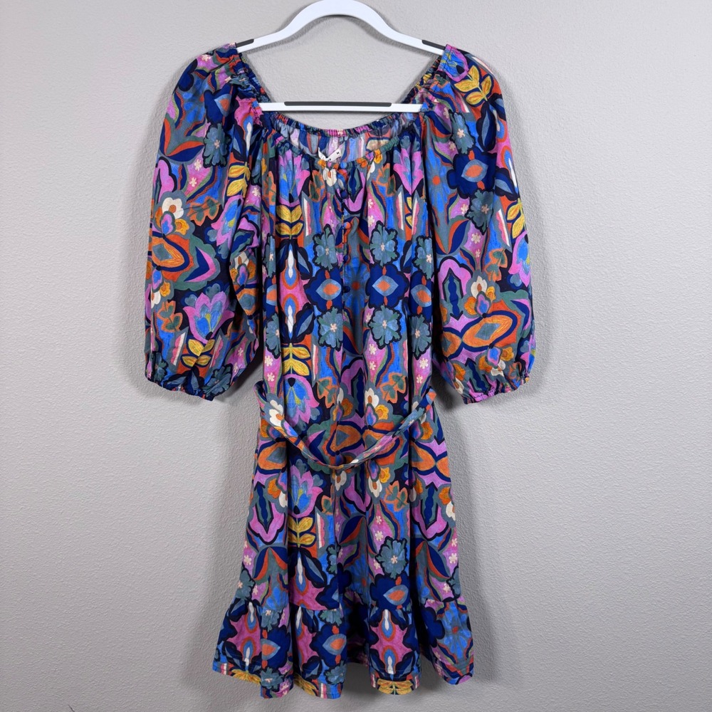 Marine Layer Nadia Belted Mini Dress Talavera Blue Floral Puff Sleeve Medium NWT - Picture 2 of 6